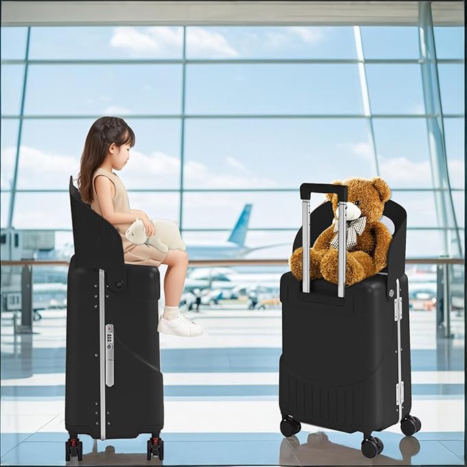 TABU 20" Ride-on Luggage with Seat For Kids & Adults，Carry On Hardshell Ride On Suitcase with 360° Lockable Spinner and TSA Lock, Black