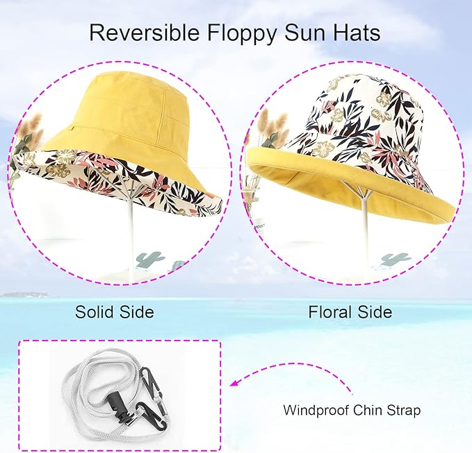 Women Wide Brim Sun Hats Metal Wired Edge Summer UV Protection Beach Fishing Hat for Hiking Garden Travel Chin Strap
