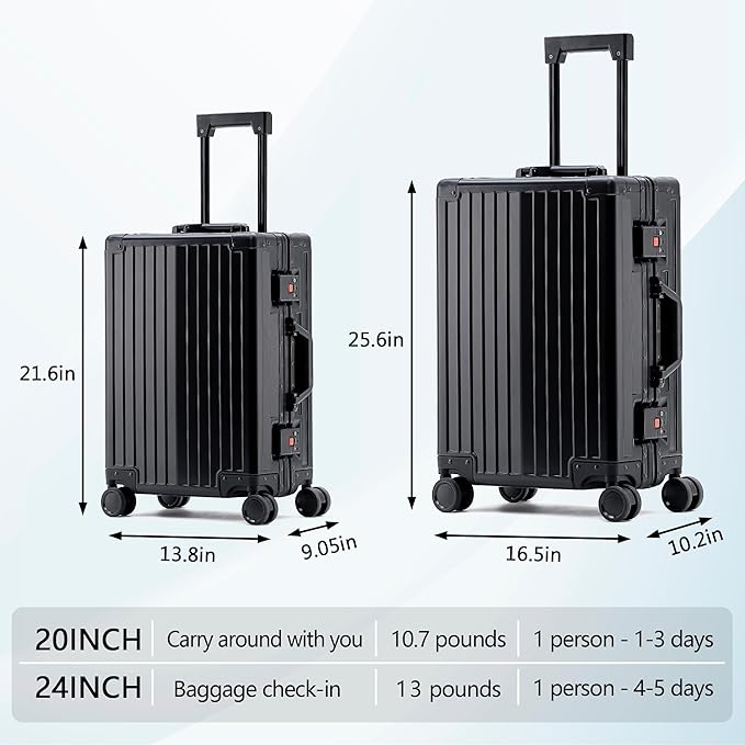 YYW Aluminum Carry-On Luggage Airline Approved Lightweight Suitcase with TSA Lock and Silent Wheels, Hardshell Spinner Business Travel (Black, 24in)