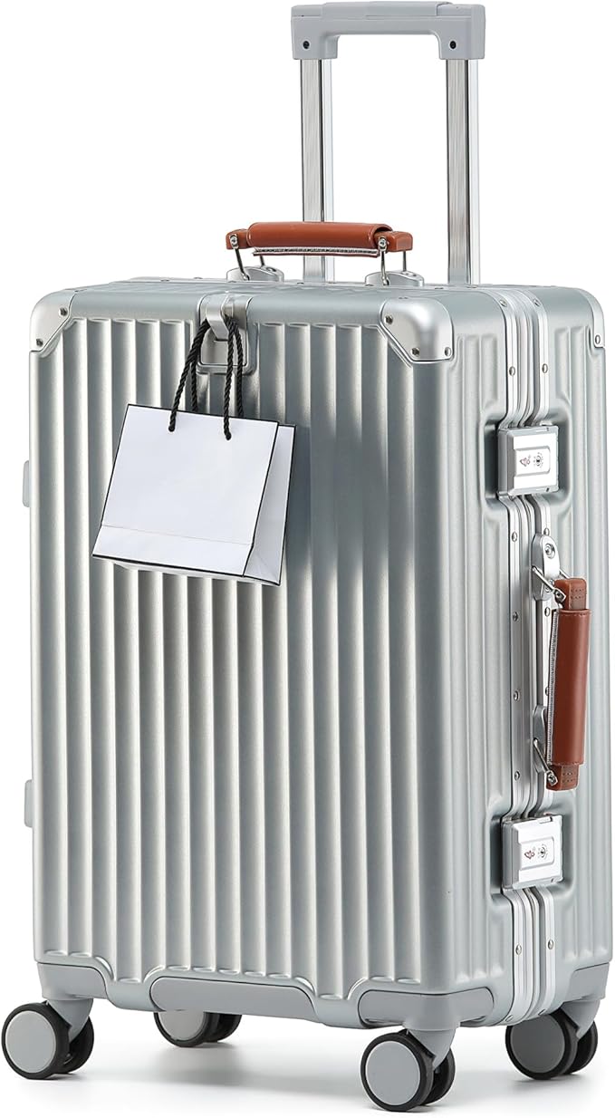 HotWay 26 Inch Hardside Checked Luggage with Leather Handle, PC Zipperless Suitcase with Spinner Wheels and TSA Locks, Lightweight Checked Luggage for Travel, Silver