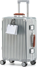 HotWay 26 Inch Hardside Checked Luggage with Leather Handle, PC Zipperless Suitcase with Spinner Wheels and TSA Locks, Lightweight Checked Luggage for Travel, Silver