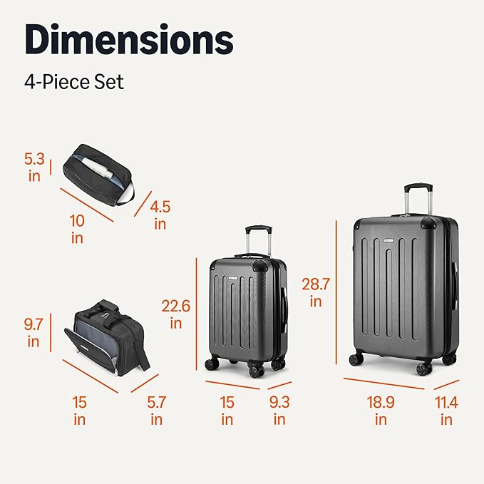 Amazon Basics 4-Piece Luggage Set, Including Two Hardside Suitcases With Multi-directional Spinner Wheels (22" Carry-On and 28" Checked), 15" Tote Bag and 10" Compact Travel Bag, Black