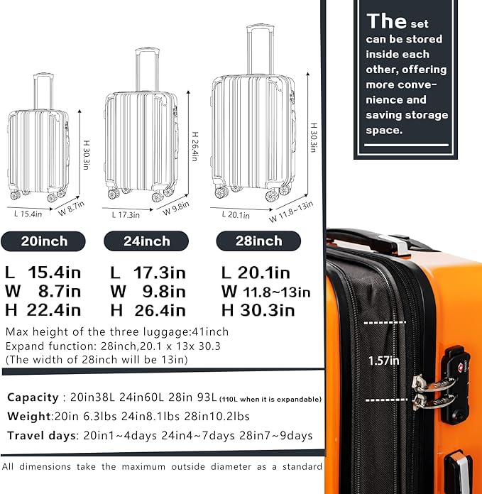 Coolife Luggage Expandable(only 28") Suitcase PC+ABS Spinner 20in 24in 28in Carry on (navy new, L(28in))