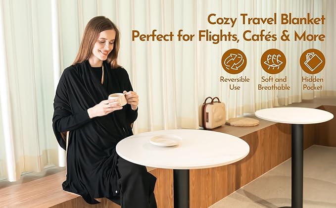 16-in-1 Compact Travel Blanket with Bag – Reversible, Ultra Soft Bamboo Airplane Blanket with Hidden Pocket - Lightweight & Packable for Flights, Camping, Picnic, Travel Essentials
