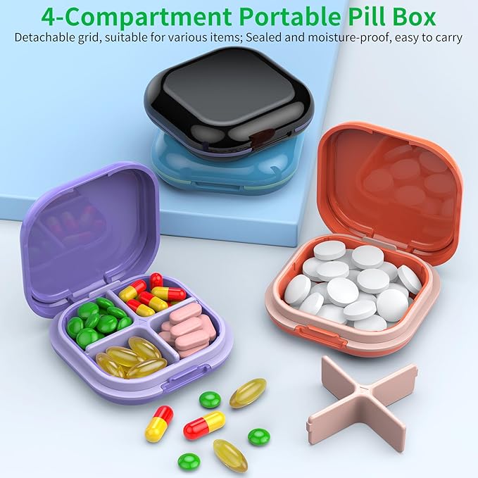 Daily Pill Organizer 4 Compartments, Small Pill Box Portable Travel Pill Case, Mini Pill Container for Purse Pocket, Compact Travel Medicine Organizer for Vitamin, Cod Liver Oil, Supplement (Purple)