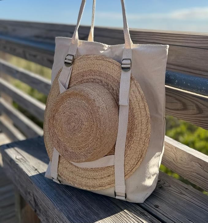 Large Beach Tote Bag with Hat Holder Straps, Womens large beach bag- Vation beach Tote