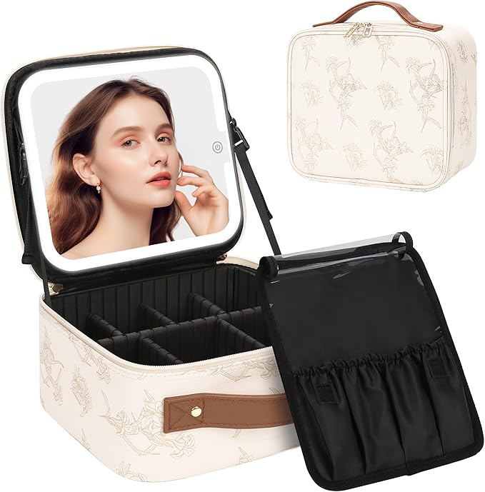 Chomeiu Makeup Bag with LED Mirror, Cute Cosmetic Bags Birthday Gifts for Girls Women, Makeup Train Case Artists Organizer Large Make Up Bags with Light Up Mirror 3 Color Lights, Beige