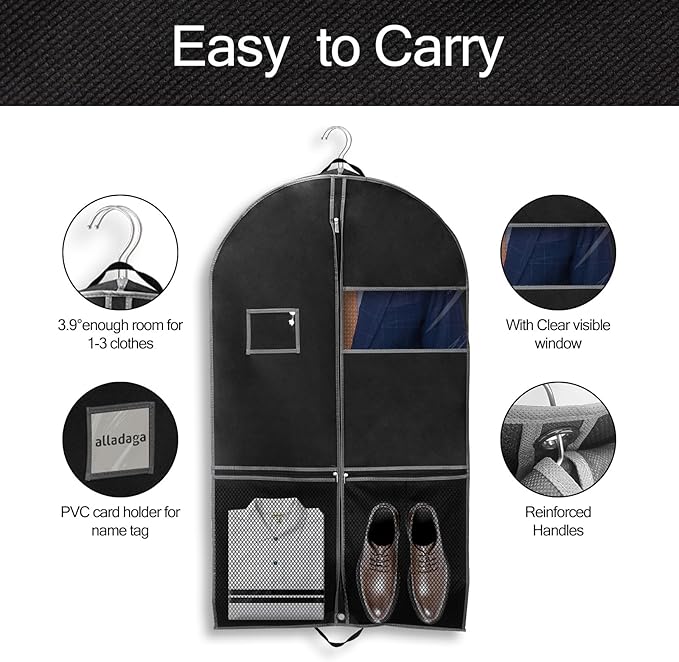 3 Pack 43" Garment Bags for Travel and Storage, Suit and Dress Bags with Duffle Design, Ideal for Hanging Clothes, Blazers, Dresses, Coats, and Wardrobes