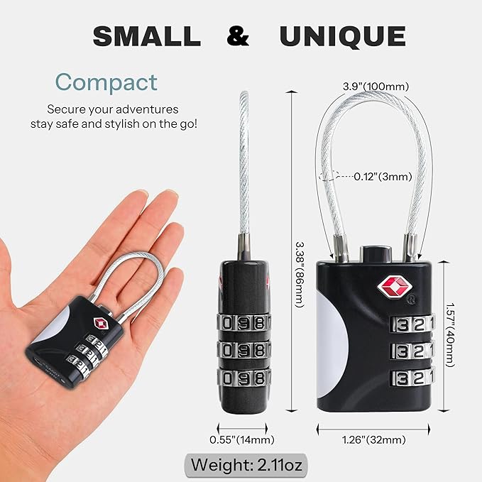 TSA Approved Luggage Locks - Small Combo Travel Padlock with Cable, TSA 007 Suitcase & Backpack Security, Durable & Easy to Use (Black+Silver)