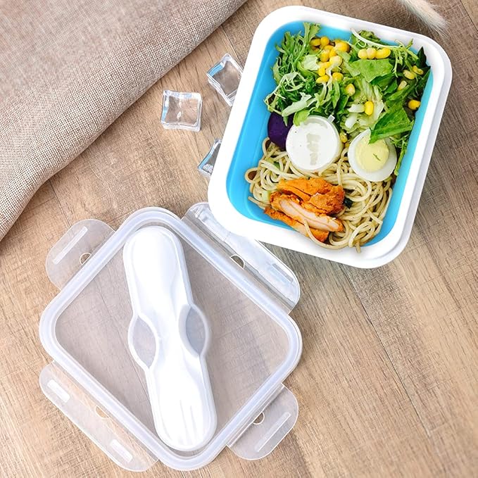 Silicone Lunch Container With Spoon & Fork, Bento Box, Collapsible Food Storage Container with Clip-on Lid, 20 Oz