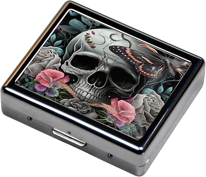 Silver Vintage Pill Box 7 Day Metal Pill Box with Mirror and 8 Compartments Cute Travel Pill Organizer for Purse (Butterfly Bush Skull)