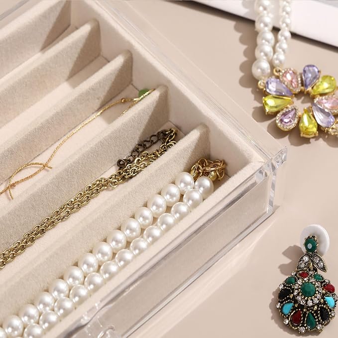 Necklace Organizer Box with Clear Lid, Dustproof Velvet Jewelry Holder Storage Display Case, Stackable Acrylic Necklace Tray Drawer Insert for Women and Girls (Beige,3 Drawers)