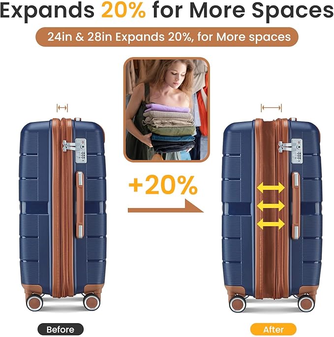 Campfun Luggage Sets 4 Piece, Expandable Carry On Luggage Set Hardshell PP, Suitcase Set with Double Spinner Wheels, Checked Durable Lightweight with TSA Lock, 14/20/24/28in, Blue Brown(A)