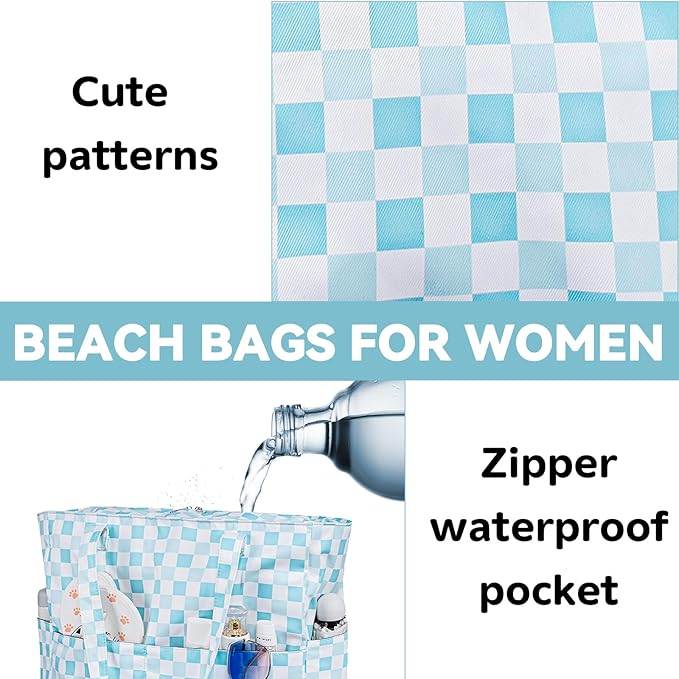 LEDAOU Large Beach Tote Bag Women Waterproof Sandproof Zipper Beach Tote Bag for Pool Gym Grocery Travel with Wet Pocket