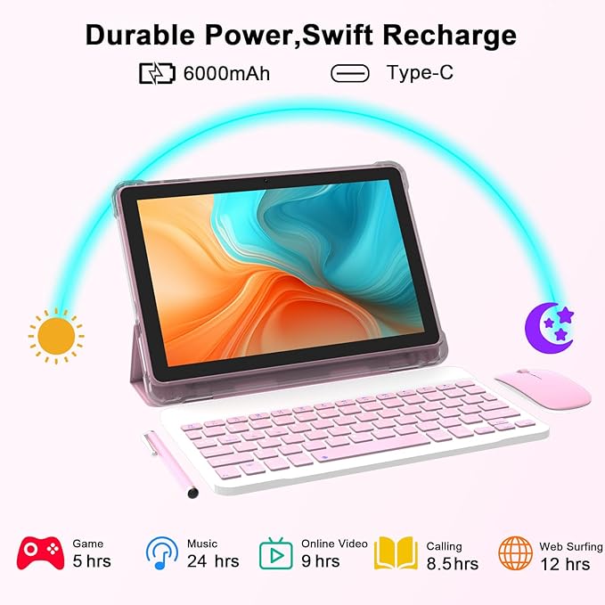 Android 15 Tablet 10 Inch, 20GB RAM+128GB ROM/2TB Expandable, 2 in 1 Tablets with Keyboard Case Mouse Stylus, 2.0GHz Quad-core Processor, 1280*800 IPS HD Screen, 5G WiFi6 BT 5.0, 8MP Camera Tableta PC
