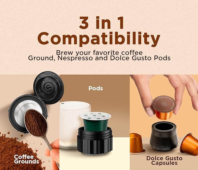 3-in-1 Portable Coffee Maker – Electric Espresso Machine for Travel – Compatible with Ground Coffee, NS & DG Capsules – USB-C Rechargeable Portable Espresso Maker (Gray)