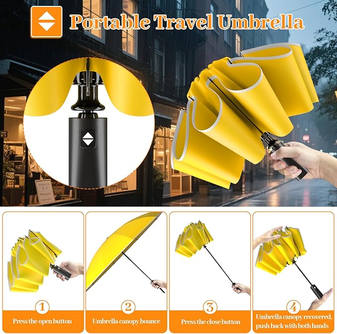 Travel Umbrella Superior, Beautiful & Compact, Large Strong but Light Portable and Automatic Folding Rain Umbrella, Premium Grip, Fits Car & Backpack