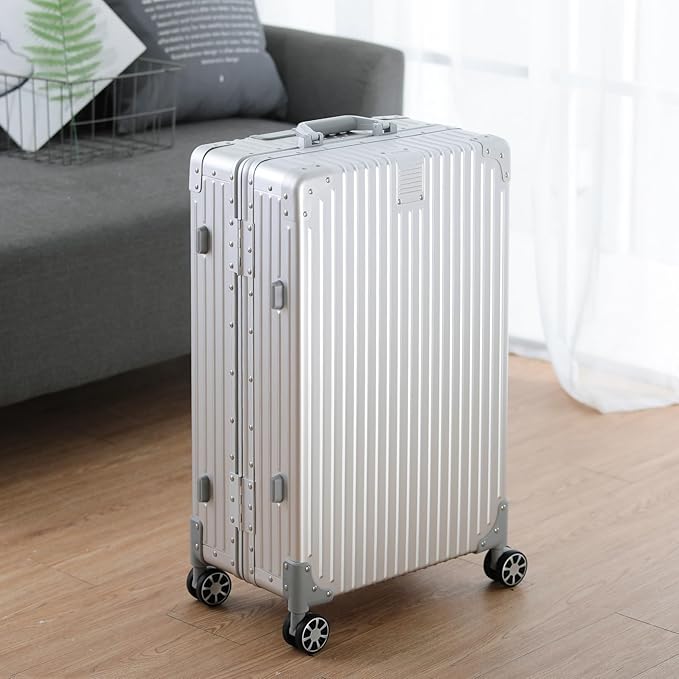 Metal All Aluminum Carry-on Luggage TSA Customs Lock Zipperless Silent Rotary Wheel Business Suitcase Aluminum Frame Set (silvery, 28 '')