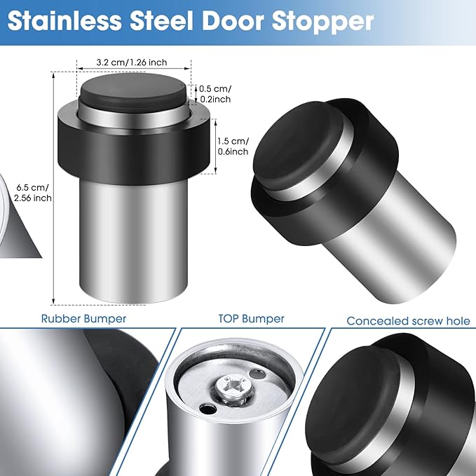 Chumia 10 Pcs Door Stopper Mounted Floor Stops Stainless Steel Cylindrical Stopper Modern Decorative Rubber Bumper Stops Holder Wall Protector for Bottom or Top of Door (Silver)