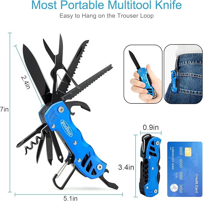 Multitool Knife, 16 in 1 Pocket Knife, Handmade Multi Tool Knife, Birthday Christmas Gift for Men Women Him Her Boyfriend Girlfriend Dad Husband, Blue