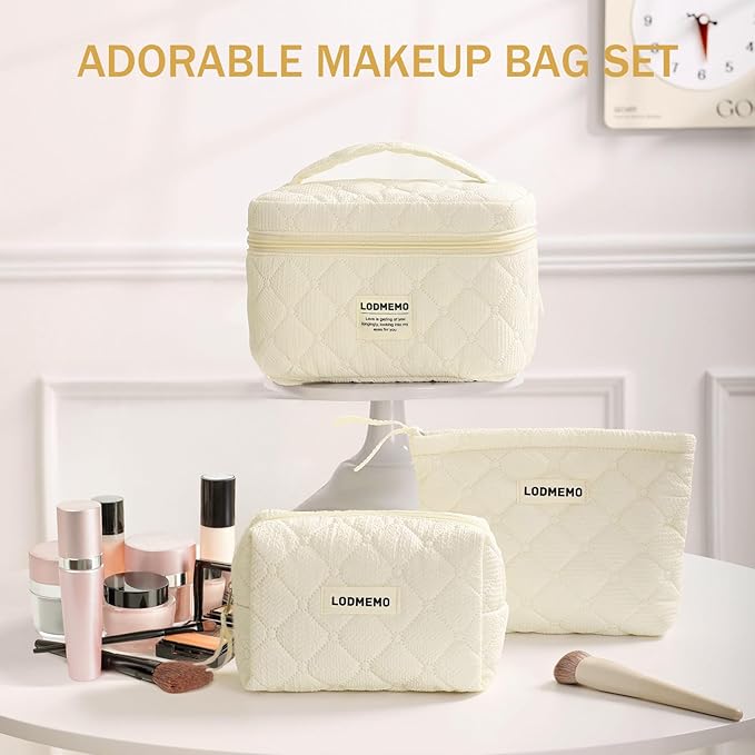 Makeup Bag 3 PCS Cosmetic Bags for Women, Large Travel Make up Bag Set Cute Cotton Toiletry Bag Organizer Pouch for Purse, Beige