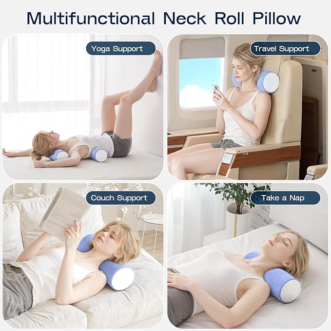 Neck Roll Cervical Pillow for Neck Pain Relief - Memory Foam Neck Pillow for Bed, Round Neck Pillows for Sleeping, 16 * 6.3 * 6.3inch (Blue-White)
