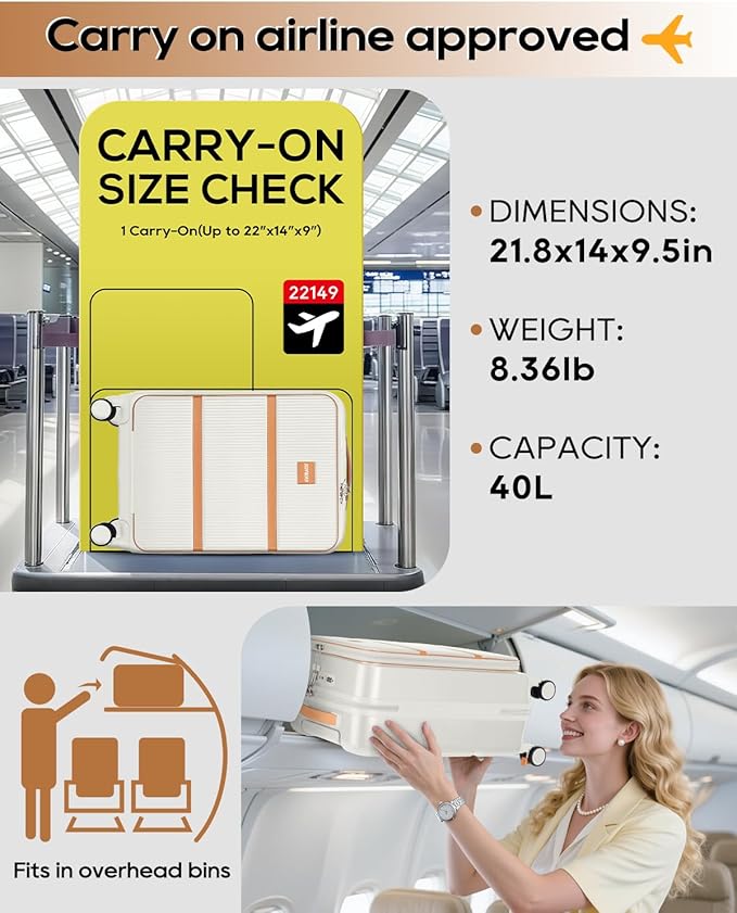 Joyway Carry on Luggage Airline Approved with Front Pocket, Hardside 20 Inch Travel Luggages with Cup Holder, Carry-on Suitcase with Spinner Wheels for Men and Women (White, 20 Inch)