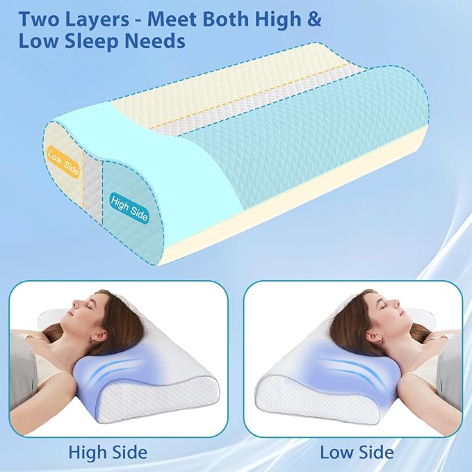 Memory Foam Pillows Cervical Pillow for Neck Pain Relief, Ergonomic Pillow for Shoulder Pain, Orthopedic Contour Pillow for Side Sleepers, Neck Support Pillows for Sleeping with Cooling Pillowcase