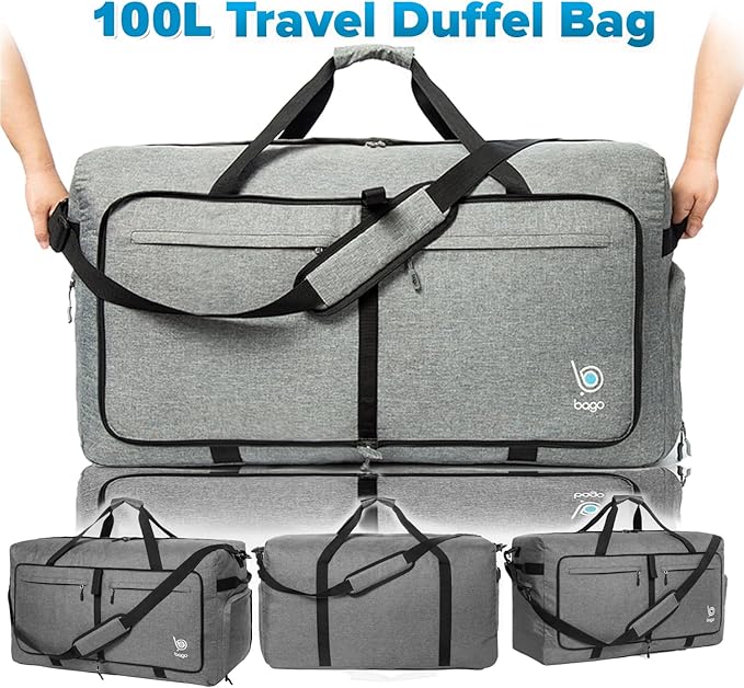 Bago Large Foldable Duffel Bags for Traveling Women & Men - 100L Packable Duffle Bag for Travel with Shoe Compartment - Water Repellant, Heavy Duty, Lightweight Folding & Collapsible (SnowGray)