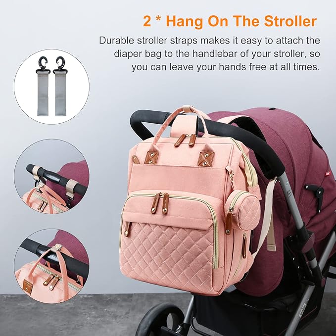 Diaper Bag, Backpack with Changing Station, Waterproof Baby Bag for Boys & Girls, USB Charging Port for Parents, Travel Backpack Baby Essentials & Lovely Baby Shower Gifts, Pink