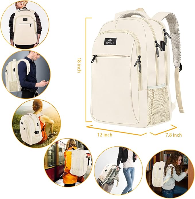 MATEIN Beige Laptop Backpack 15.6 Inch, Lightweight Sturdy Bag for College Supplies with USB Charging Port, Water Resistant Anti Theft Travel Computer Daypack Fashion Work Nurse Bag Gift for Women