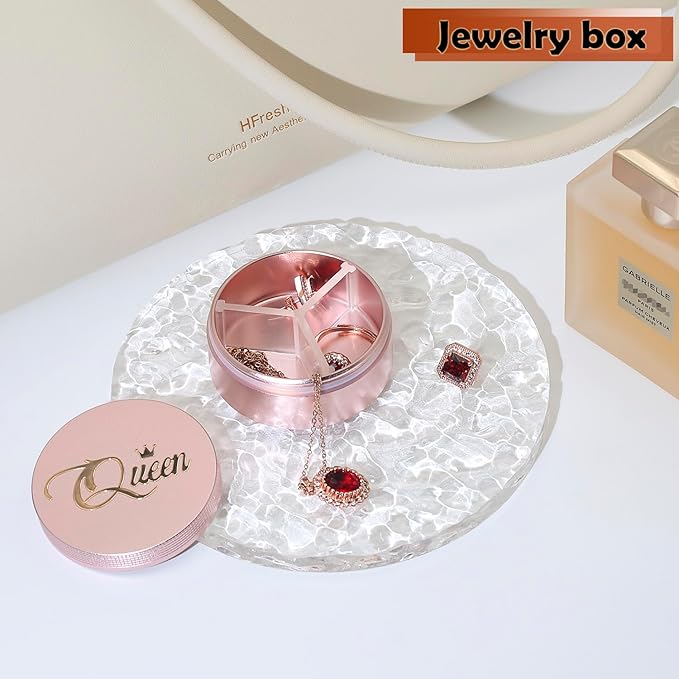 Small Pill Case 3 Compartments, Metal Round Portable Pill Box, Waterproof Travel Pill Organizer, Pocket Purse Medicine Vitamin Holder EDC Container (Rose Gold with Queen)