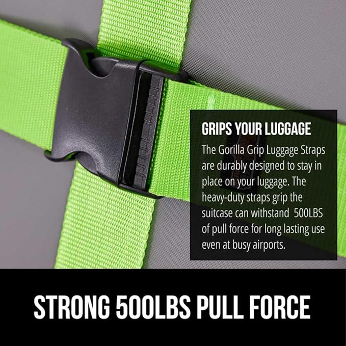 GORILLA GRIP Heavy Duty 8 Pack Adjustable Luggage Straps for Suitcases, Easy to Identify Travel Belt Connector Holds Suitcase Together, Extends Life of Bag, Strap Connects Two Bags, Accessories Green