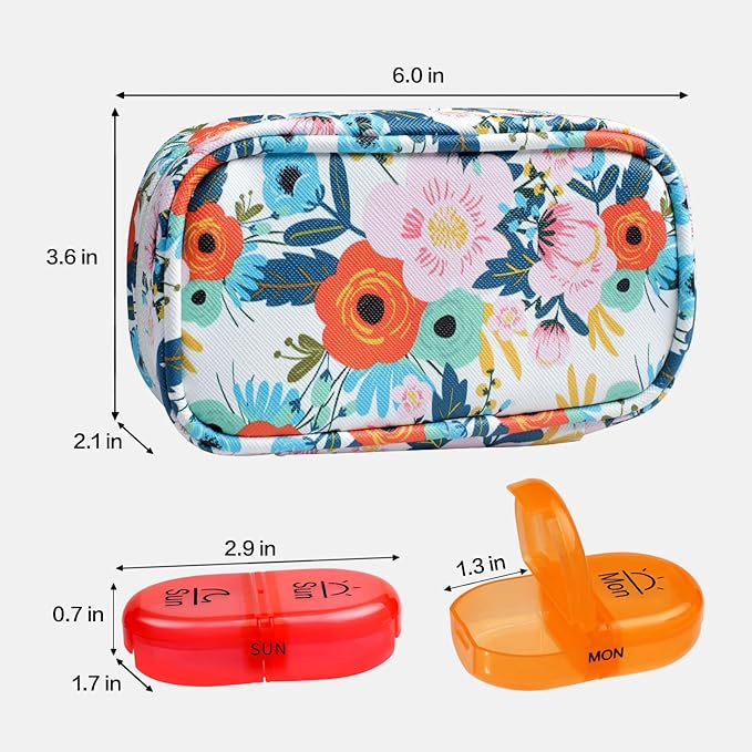 Serfeymi Weekly Travel Pill Organizer 2 Times A Day AM PM Upgraded Rainbow Pill Box 7 Day with Portable Zipper PU Leather Pill Case, Medicine Organizer for Pills, Vitamins, Fish Oils - Floral 03