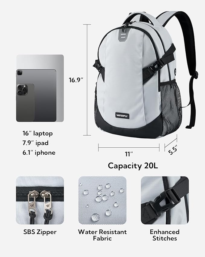 WATERFLY Small Casual Travel Backpack: 20L for Men Women Work Commuter Everyday EDC Daypack Hiking Gym Sport Workout Grey