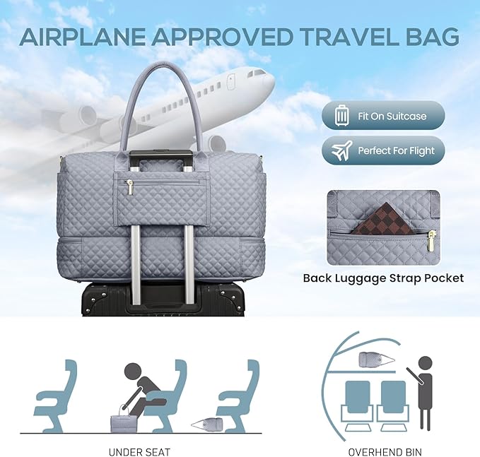 Travel Bag Weekender Bags for Women - Carry on Overnight Bag with Shoe Compartment Duffle Bag with Laptop Pocket Hospital Bag Grey