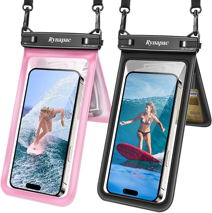 Double Space Waterproof Phone Pouch, 2 Pack Waterproof Phone Case with Lanyard for iPhone 16 15 14 Pro Max up to 8.5’’, Cellphone Dry Bag for Beach Vacation Travel Cruise Essentials