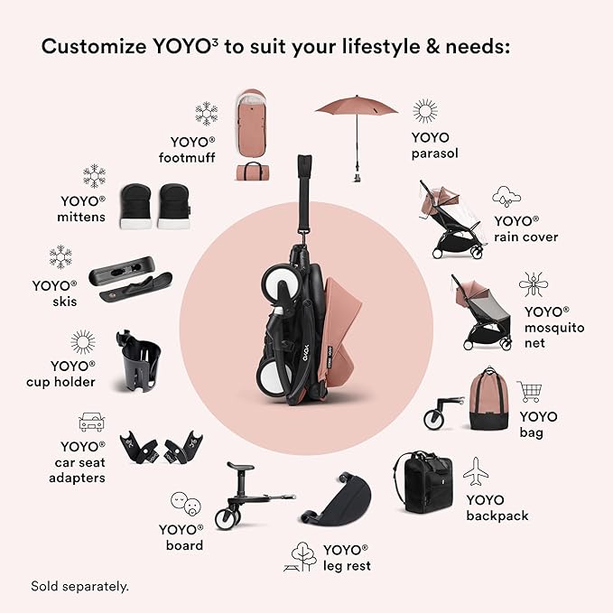 Stokke YOYO3 Stroller from 6 Months - Includes Black Frame/Ginger Seat Cushion + Canopy - Folds in & Out in a Flash - Light & Compact - Carry-On Compatible