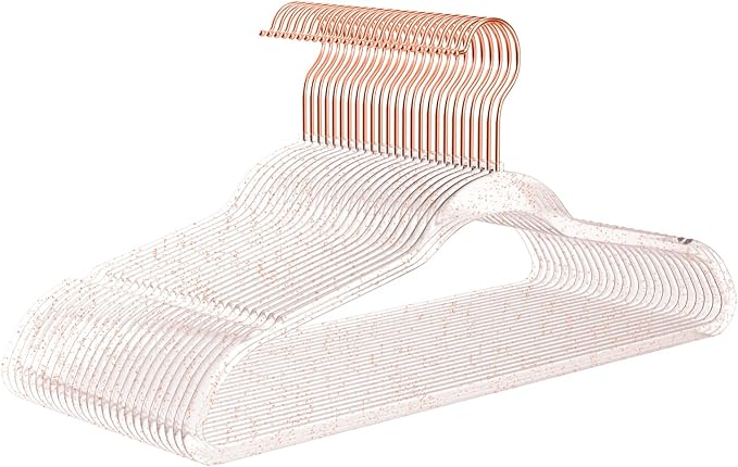 MIZGI Premium Clear Invisible Acrylic Hangers,Crystal Plastic Hangers with Bling Rose Gold Glitter 50 Pack Ultra Slim & Space Saving Suit Hangers for Coats, Pants & Dress Clothes