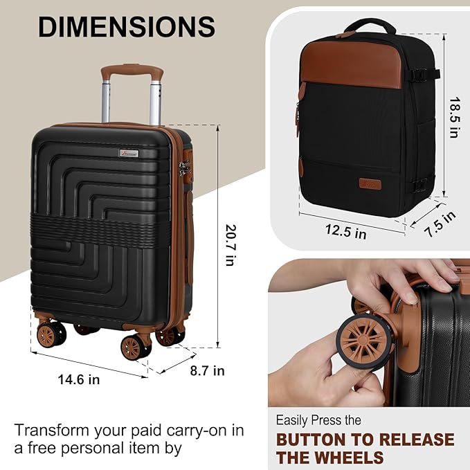 Romswi Luggage Sets 2 Piece, Expandable Carry On Luggage 20In with Travel Backpack, PC+ABS Hardside Suitcase Set with TSA Lock, Durable Carry On Suitcase with Spinner Wheels for Men Black