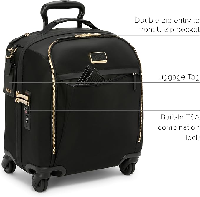 TUMI - Voyageur Leger 4 Wheeled Luggage - Women's Lightweight and Spacious, Sleek Silhouette, Durable Premium Suitcase - 16" Compact Carry-On, Black with Gold Hardware