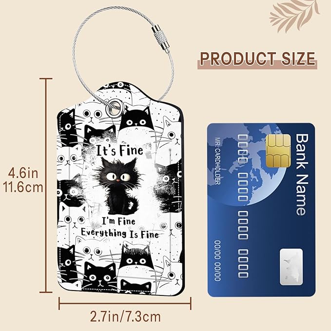 2 Pcs Funny Cat Luggage Tags for Suitcase, Leather Luggage Tags Cute, Privacy Cover ID Label with Stainless Steel Loop & Address Card, Cute Cat Travel Bag Tag Luggage Accessories for Suitcases