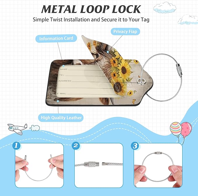 3 Pack Luggage Tag for Suitcase,Highland Cow Leather Luggage Tags with Privacy Cover Name ID Label Identifiers Travel Bag Tags for Women Men Boys Girls