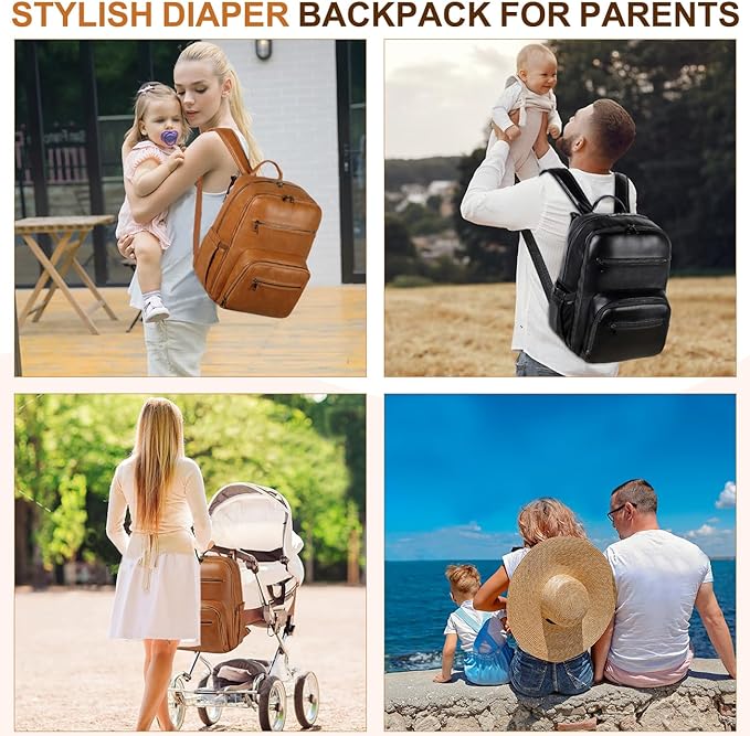 VASCHY Diaper Bag Backpack for Mum Dad, Unisex Large Waterproof Vegan Leather Baby Bag with Changing Pad,Insulated Pockets,Padded Laptop Sleeve for Travel,Black