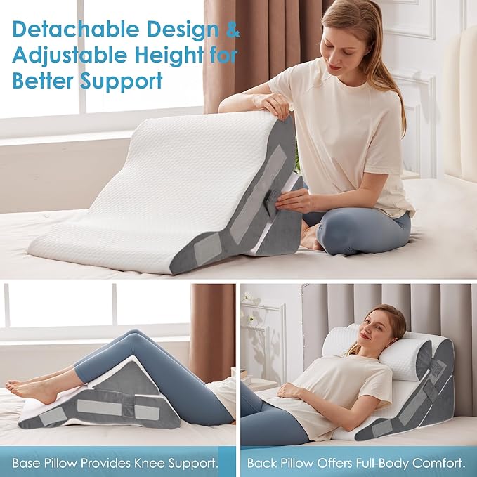 4PCS Bed Wedge Pillow for Headboard, Adjustable Wedge Pillow for Sleep Apnea, 23” Wide Triangle Pillow Wedge Set for After Surgery, Acid Reflux Relief, Snoring, Neck&Back Support, White/Grey