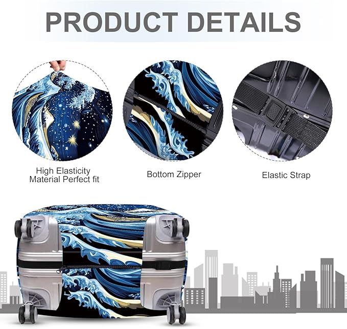 ANNA QUEEN Starry Ocean Wave Luggage Cover, Suitcase Protector with Artistic Van Gogh Style, Stretchable, Washable Travel Cover for 20-22 Inch Luggage
