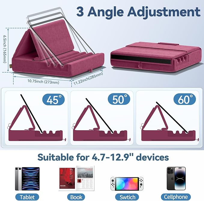 KDD Tablet Pillow Holder, Foldable iPad Stand for Lap, Bed and Desk -Tablet Soft Pad Dock with Pocket & Stylus Mount Compatible with iPad Pro 12.9, 10.5, 9.7 Air Mini 6 5 4 3, Galaxy Tab, E-Reader