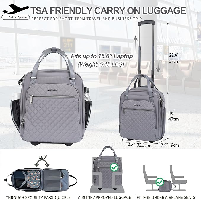EMPSIGN Underseat Carry On Wheeled - 16" Carry on Bag with Wheels Multi-functional Lightweight Rolling Bag Overnight Weekender Small Suitcase for Women Men Travel Business, Dark Grey