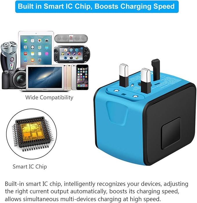 Universal International Travel Power Adapter W/Smart High Speed 2.4A 4xUSB Wall Charger, European Travel Plug Adapter, Worldwide AC Outlet for Europe, UK, US, AU, Asia-Blue