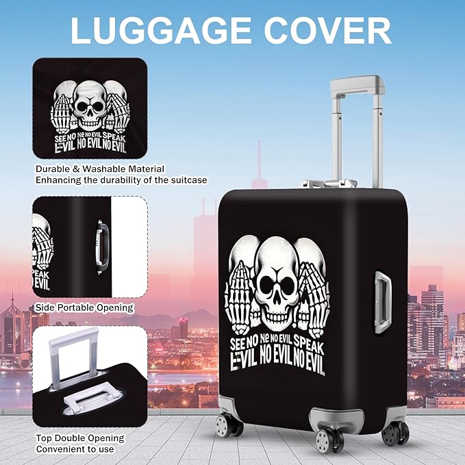 ANNA QUEEN Gothic Skull Luggage Cover, “See No Evil, Hear No Evil, Speak No Evil” Skeleton Design, Stretchable, Washable Suitcase Protector for 24-26 Inch Travel Suitcases